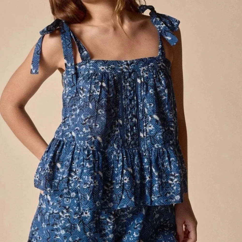 St. Roche Floral Dot Peplum Tie Strap Top Bluebell 2 NWT Spring Feminine Classic